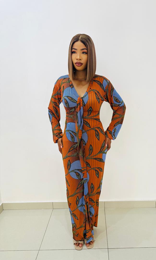 Robe Longue Sunset Orange - Motif Feuilles Bicolore
